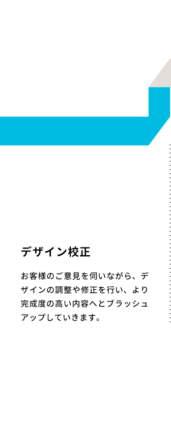 デザイン校正 お客様のご意見を伺いながら、デザインの調整や修正を行い、より完成度の高い内容へとブラッシュアップしていきます。